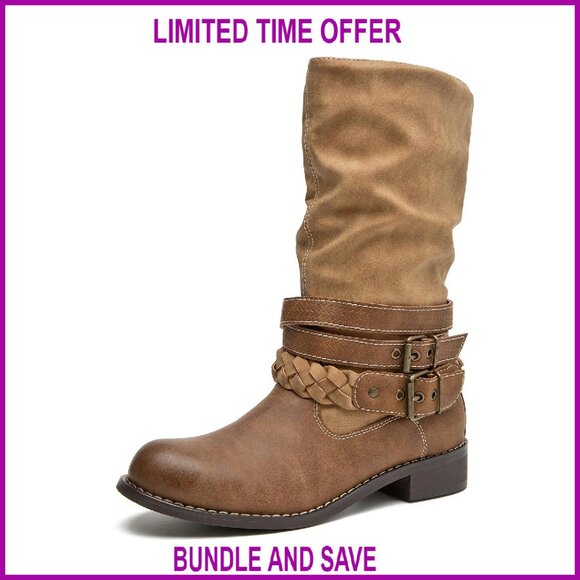 Women's Mid-Calf Motorcycle Boots Buckle Straps Pull-On Low Heel Slouchy